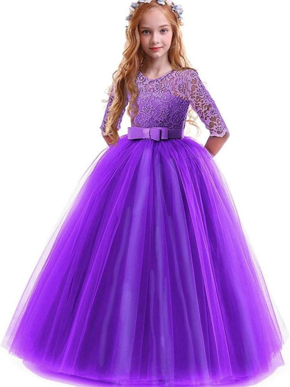 Vintage Lace 3/4 Sleeve Flower Girl Dress | Velvet Bridesmaid Formal Gown